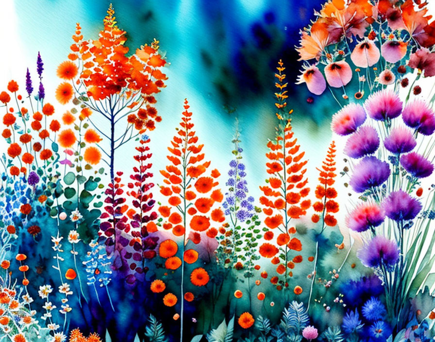 Colorful Watercolor Painting of Blooming Garden Flowers