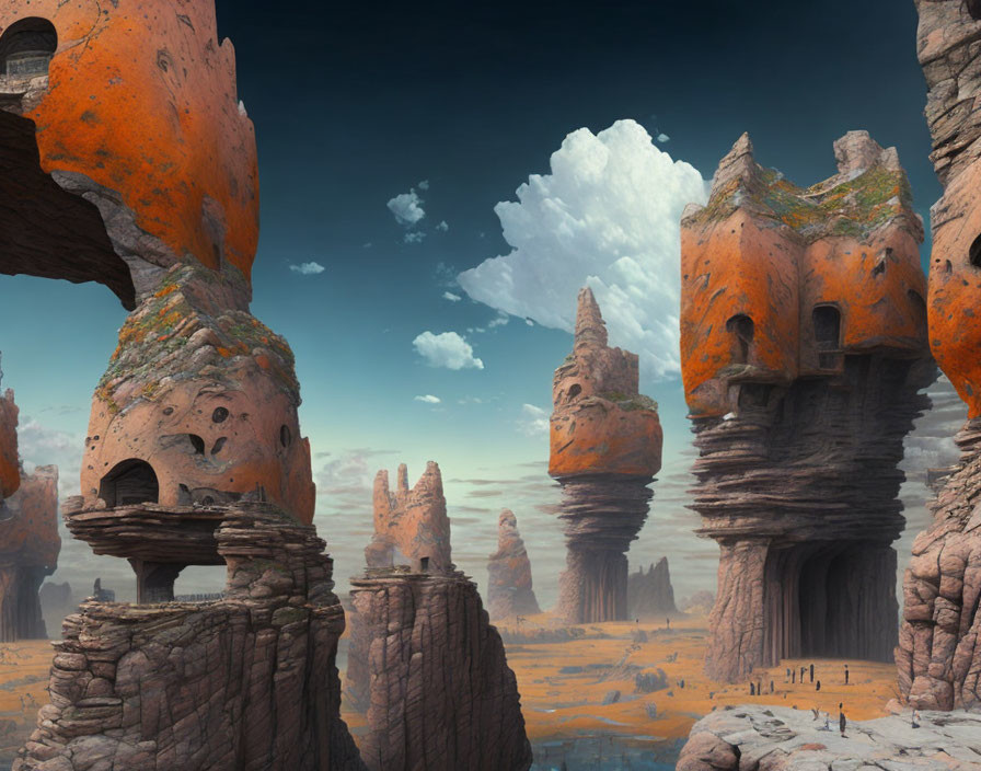 Surreal desert landscape with towering rock formations and ancient dwellings under a blue sky