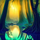 Vibrant blue and green mystical forest with large tree roots and glowing sunlight