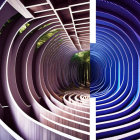 Digitally altered image of split spiral structure with staircase and vortex.