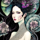 Pale-skinned woman with black hair surrounded by floral halo in artistic illustration