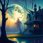 Victorian house by lake under full moon with silhouetted trees