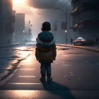 Lonely child in urban street at dusk.