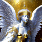 Angel with White Wings in Golden Armor and Halo on Celestial Background