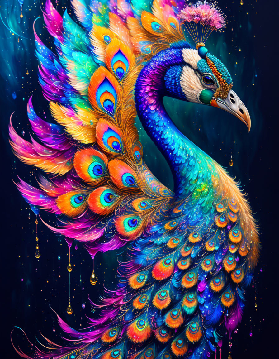 Colorful Peacock Digital Artwork with Luxurious Iridescent Tail