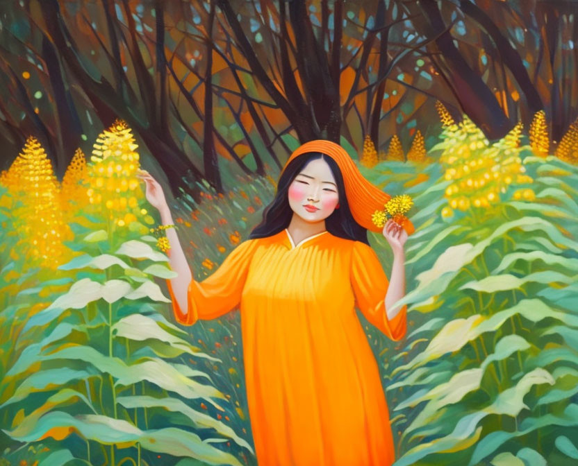 Woman in Orange Dress Standing Among Green Foliage Holding Berry