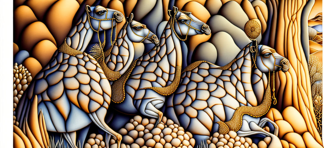 Detailed camel painting with warm hues and intricate patterns in surreal landscape