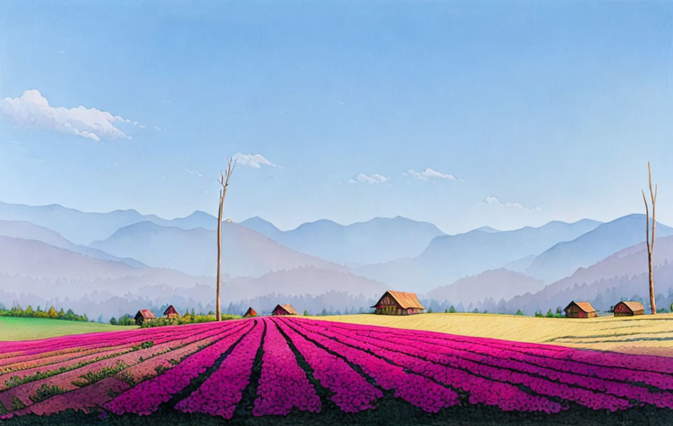 Vibrant flower fields and quaint houses against purple mountains