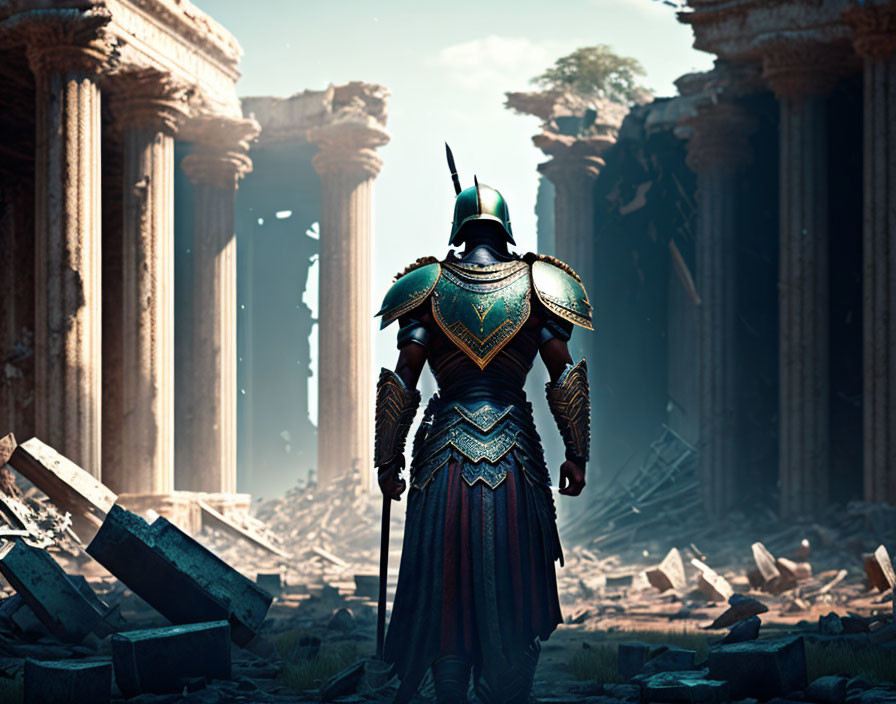 Ornate armored warrior in ancient ruins with sunlight through columns