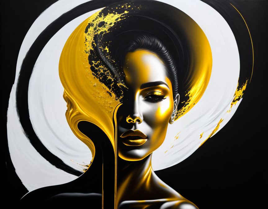 Abstract art featuring woman with golden skin, black hair, white and black swirling background.