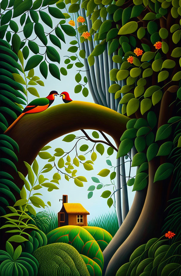 Colorful forest archway with bird and cozy house in green hills