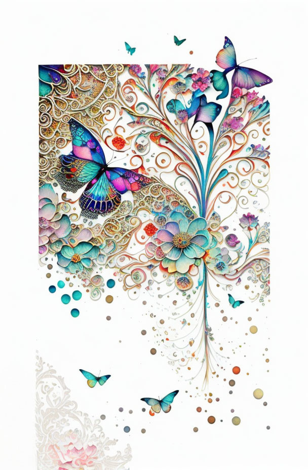 Vibrant artwork: Colorful patterns of flowers, leaves, butterflies, and bubbles