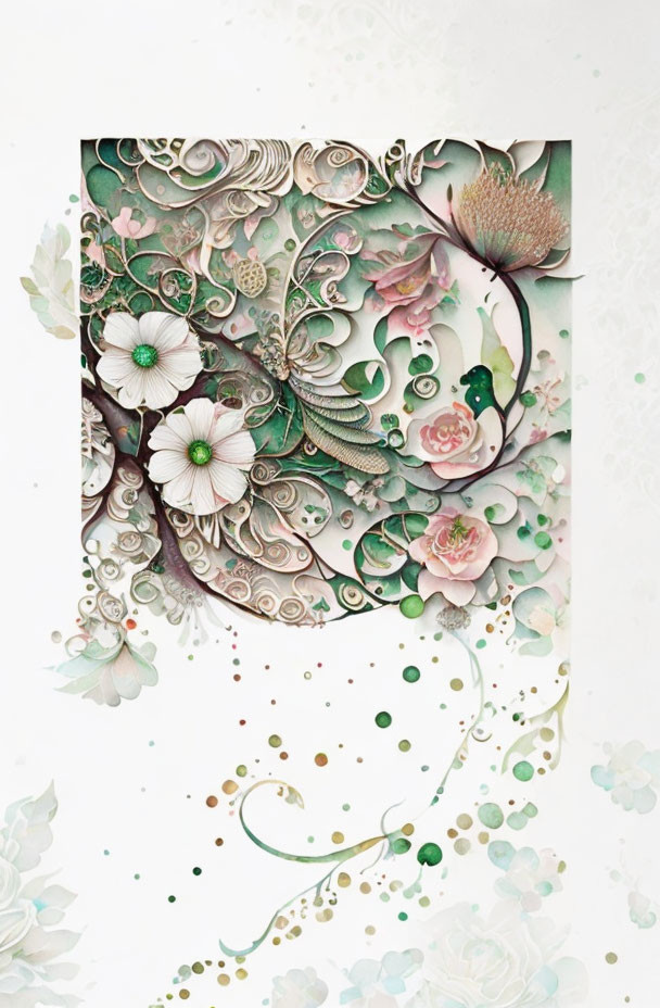 Layered Floral and Botanical Paper Art in Green, Pink, and White Palette