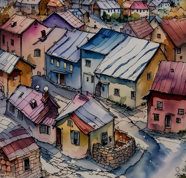 Colorful Watercolor Painting of Quaint Village