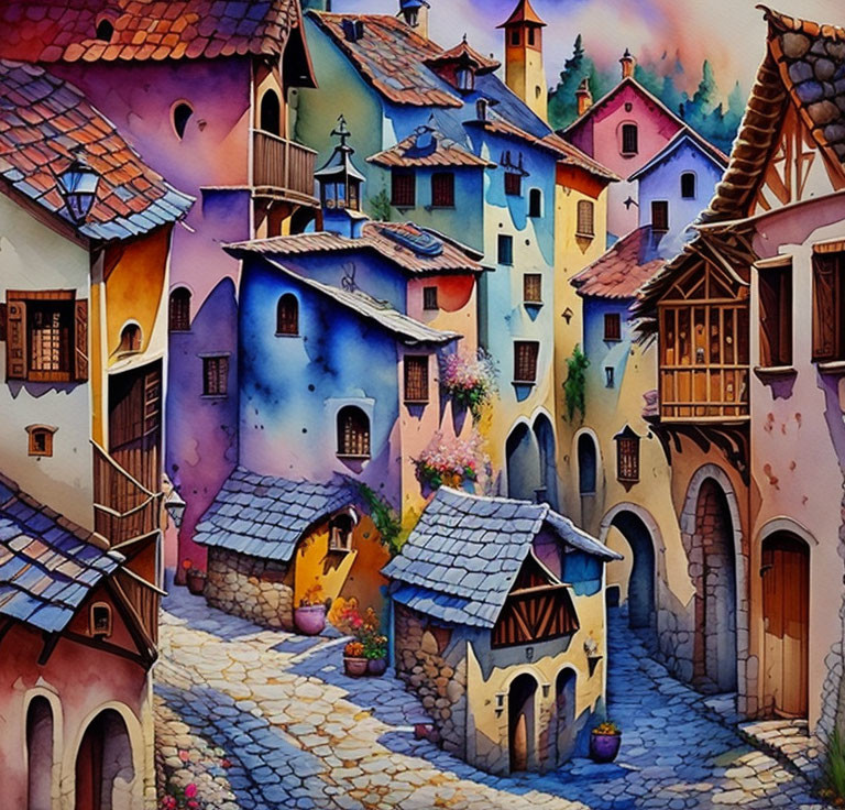 Colorful watercolor painting of whimsical village with cobblestone pathways