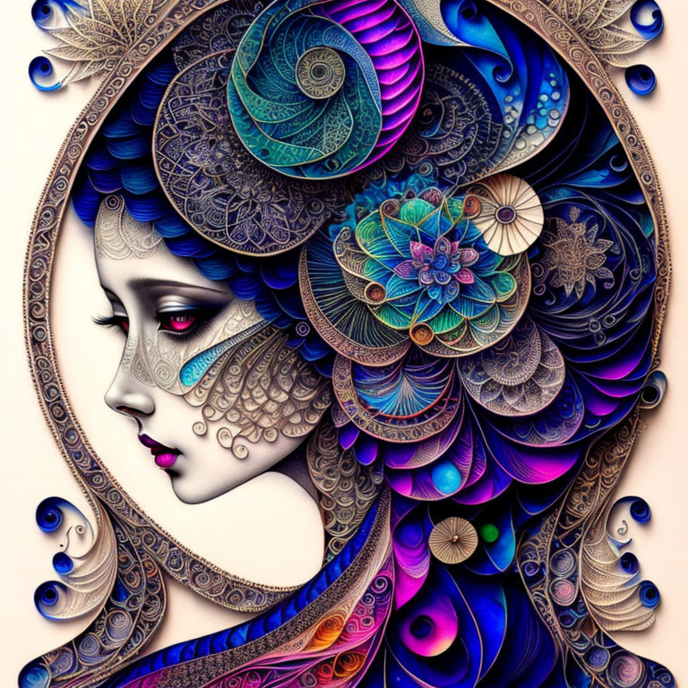 Symmetrical floral patterns on woman's profile illustration