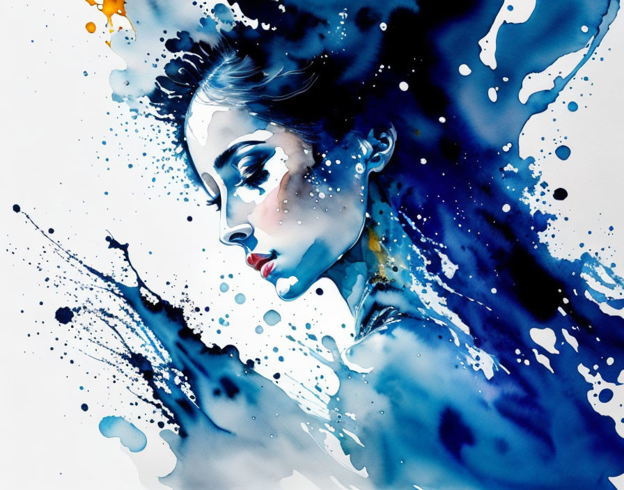 Watercolor portrait of woman with blue and black splashes