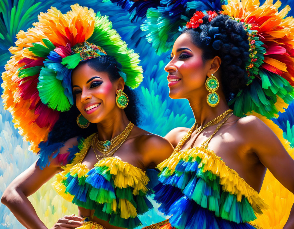 Colorful Feather Headdress Women Smiling on Blue Background