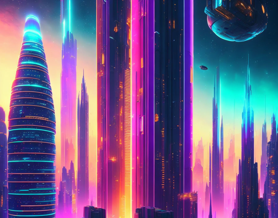 Futuristic cityscape with neon-lit skyscrapers and flying vehicles