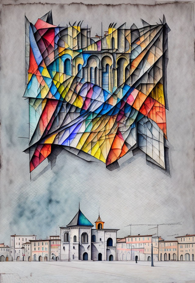 Vibrant geometric cathedral in 3D illusion over 2D town square sketch