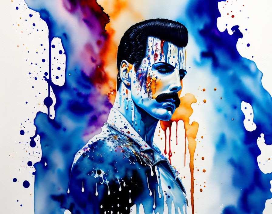 Vibrant pompadour man art with blue and red splashes