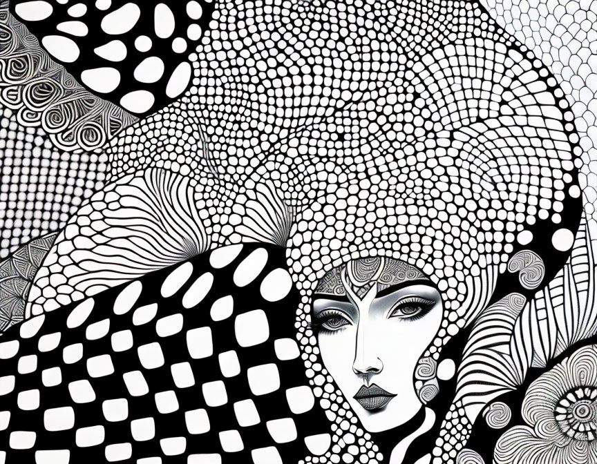 Monochrome art: Woman in swirling patterns, art nouveau and psychedelic blend