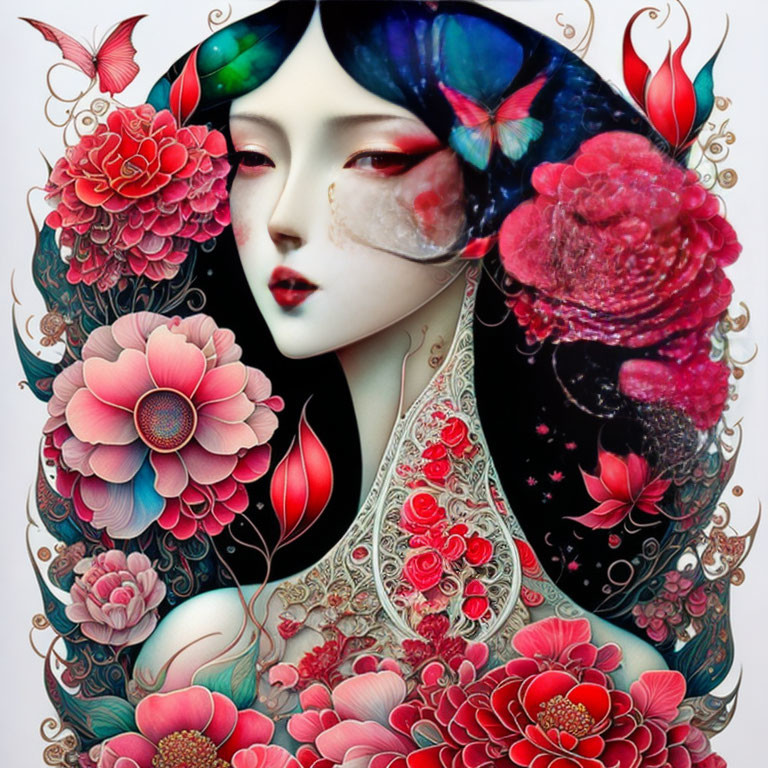 Woman with pale skin in vibrant floral fantasy illustration