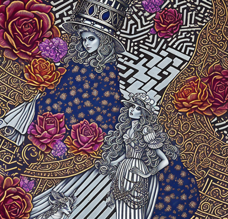 Detailed illustration of two stylized women among roses with celestial motifs in blue and gold palette