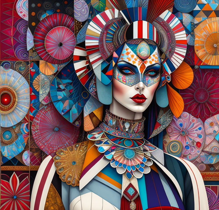 Vibrant geometric patterns depict female figure with elaborate makeup and headpiece