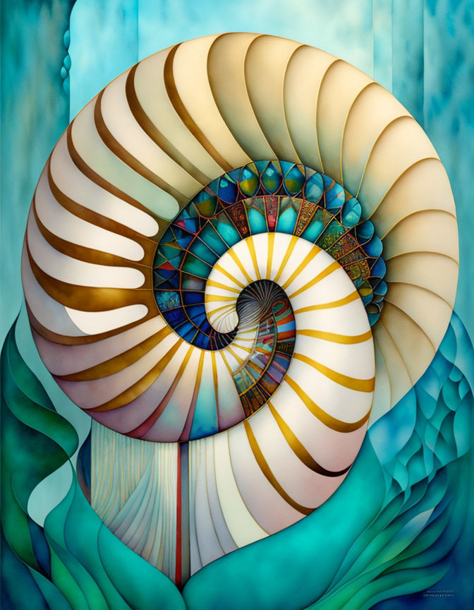 Colorful Nautilus Shell Illustration with Intricate Patterns