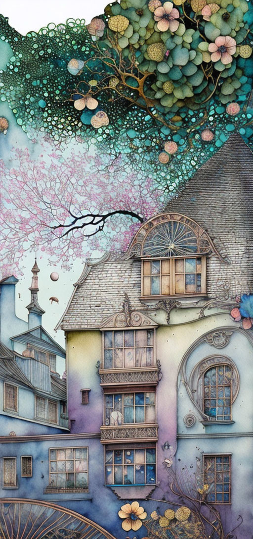 Colorful fairy tale village illustration with detailed houses and fantastical flora