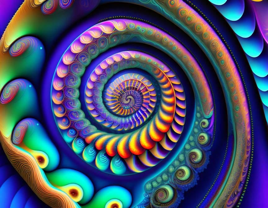 Colorful Fractal Spiral with Blue, Purple, and Orange Patterns