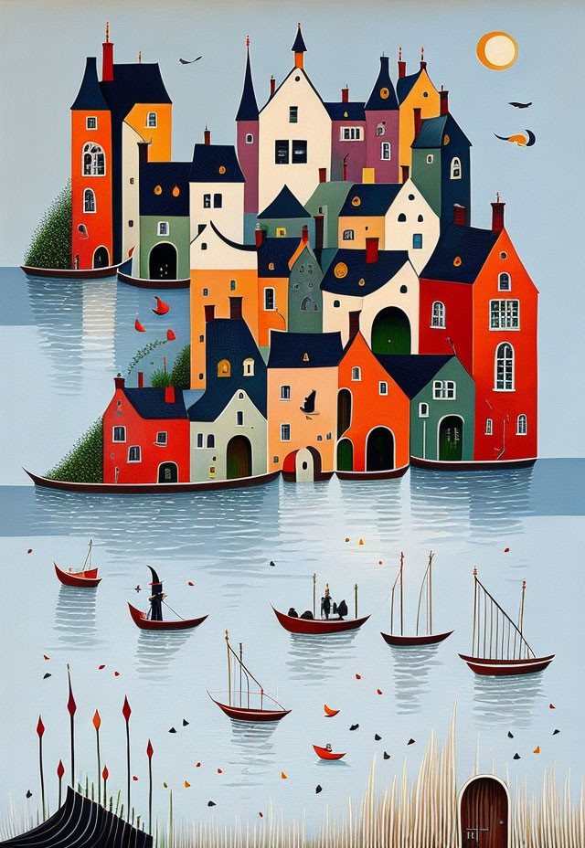 Vibrant painting of stylized buildings by water with boats and people fishing