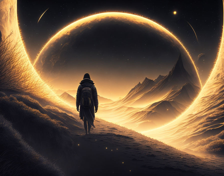 Figure walking towards luminous ring in surreal landscape with glowing plants and shooting stars