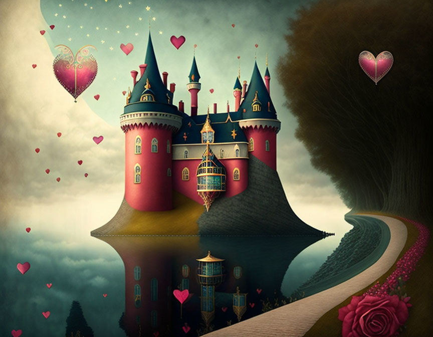 Enchanting fairytale castle with heart-shaped balloons and romantic scenery