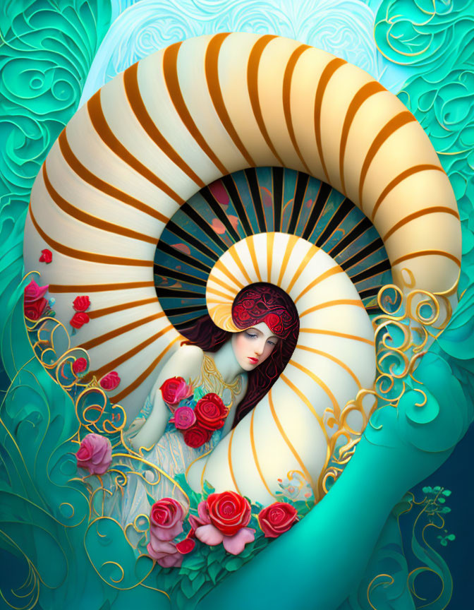 Stylized woman with gold headdress and roses on teal background