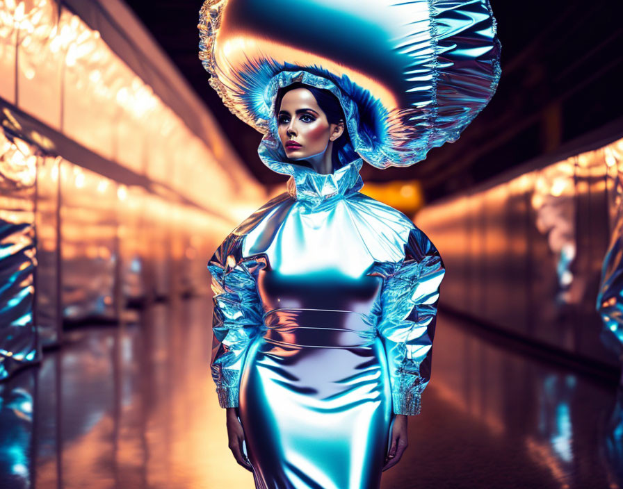 Futuristic woman in metallic blue outfit with oversized collar in illuminated corridor