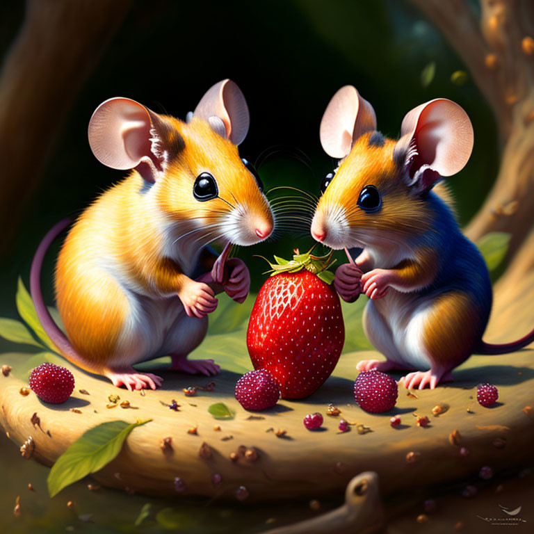 Colorful animated mice sharing a strawberry in whimsical forest scene