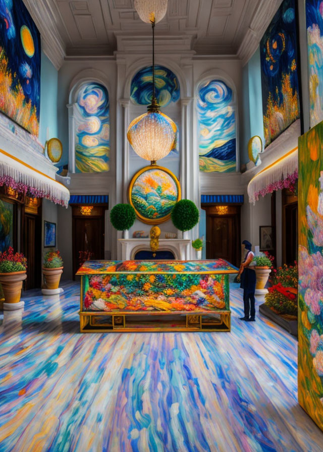 Opulent room with Van Gogh-inspired painted walls and chandelier