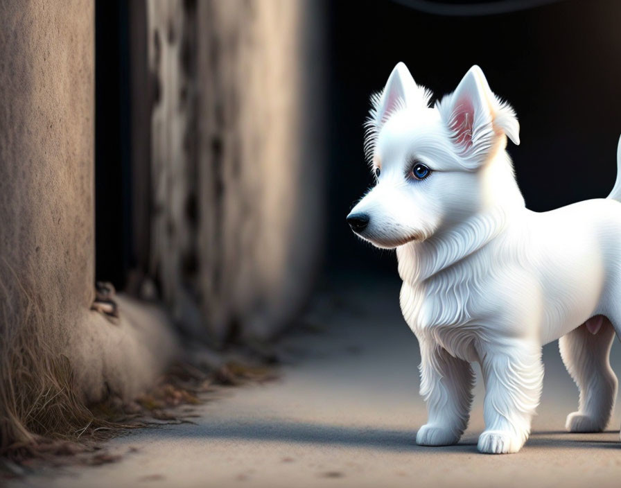 Small White Dog Standing in Narrow Passage with Sunlight Illuminating Fur