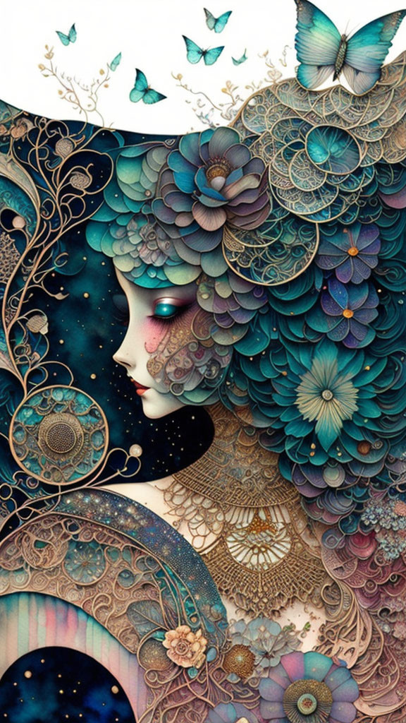 Surreal illustration of woman with intricate patterns and cosmic background