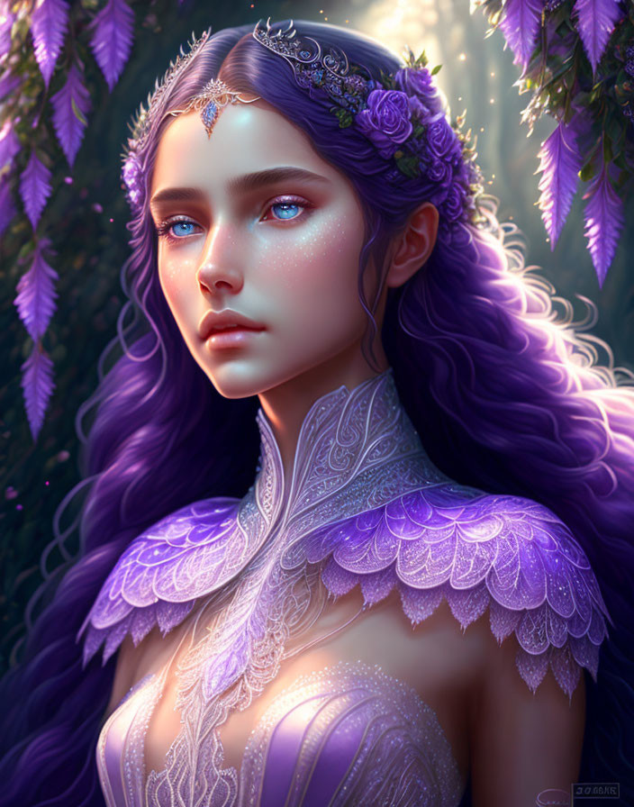 Detailed digital artwork of a woman with purple hair and blue eyes in silver and purple outfit with feather-like