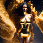 Digital artwork: Dark-skinned woman in gold bodysuit with luxurious golden swirls and shimmering