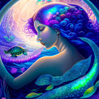 Colorful Illustration: Woman with Sea Turtle and Ocean Elements