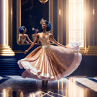 Luxurious gold and white ballgown twirl in grand hall with sunlight.