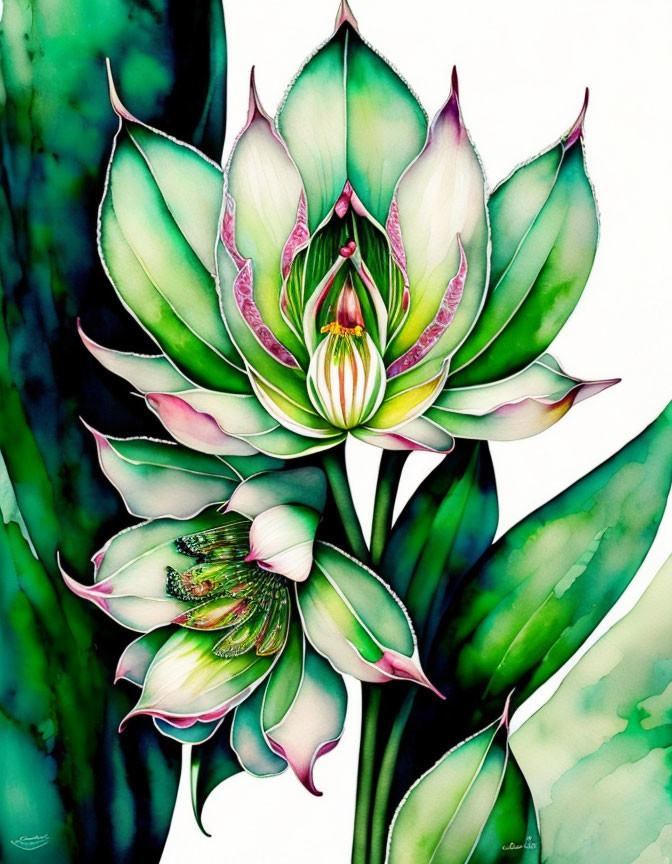 Detailed blooming lotus flower illustration in green and pink hues