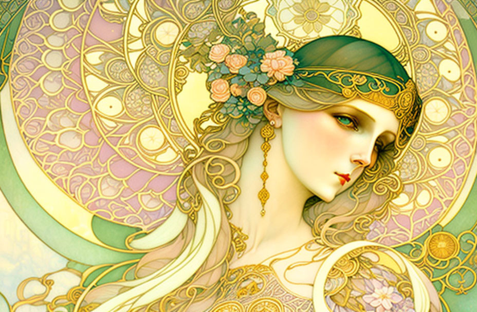 Elegant woman in art nouveau style with floral headpiece