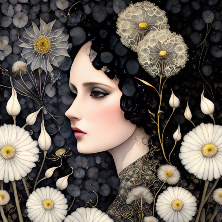 Stylized woman's profile with white flowers on dark background