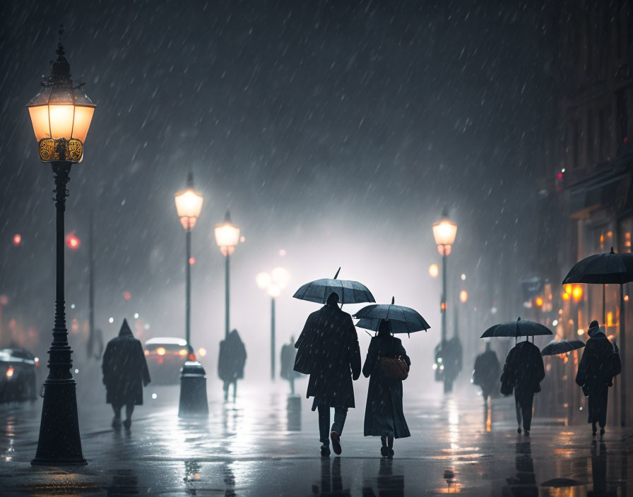 Night scene of people with umbrellas on rain-soaked street under vintage street lamps