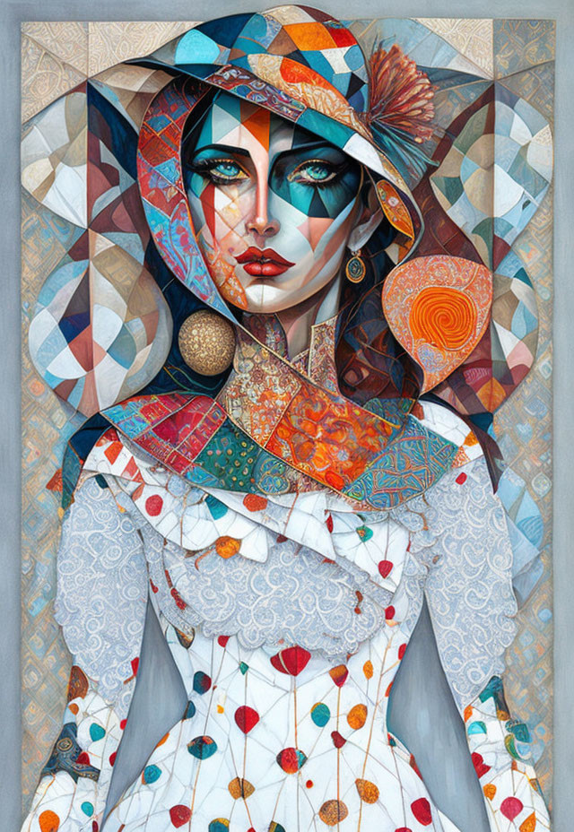 Illustration of woman with vibrant blue eyes and patchwork hat on geometric background